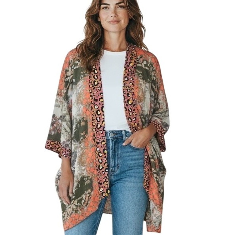 Aratta Silent Journey Anthropologie Kimono Jacket Boho Leopard Floral S/M